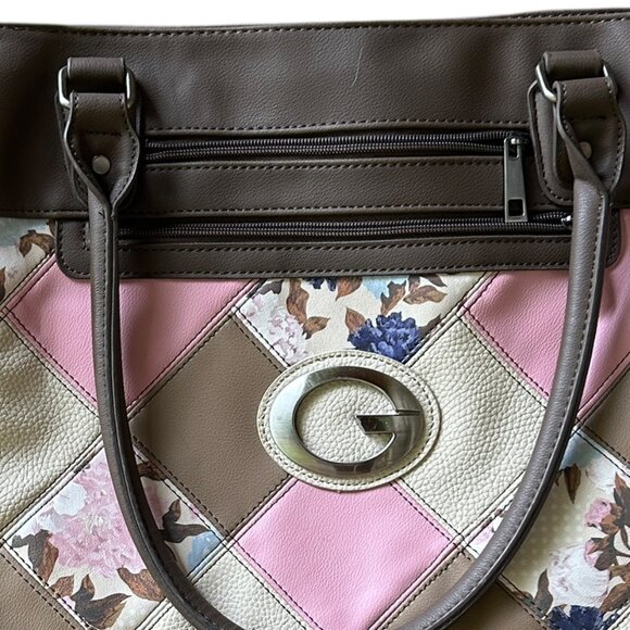 GUESS Pink Tan Brown Floral Patchwork Tote Bag Vegan Leather‎ Large Trendy - Picture 7 of 9